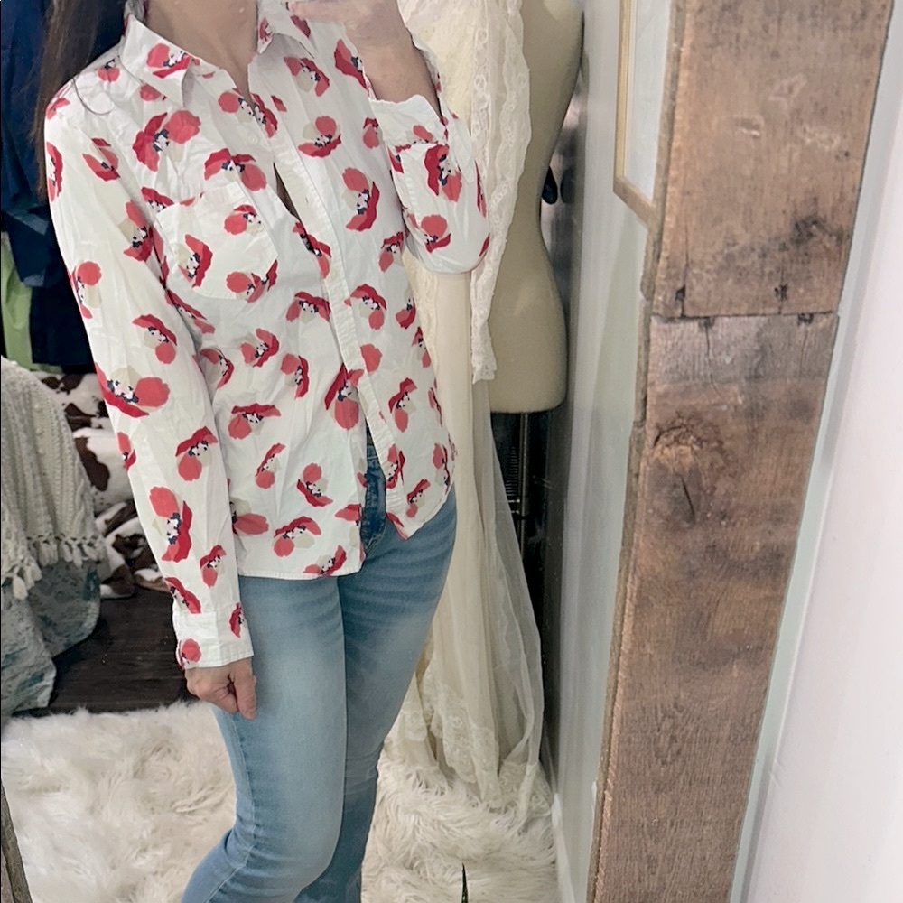 GAP White Button-Down Shirt with Red Floral Print